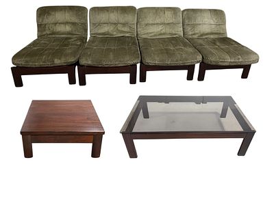 Rolf Benz 1970s Modular Sofa & Tables. Mahogany furniture set including a glass-top coffee table 