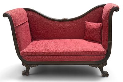 Antique Empire Settee / Loveseat 1840s. Elegant antique-style settee featuring a gracefully 