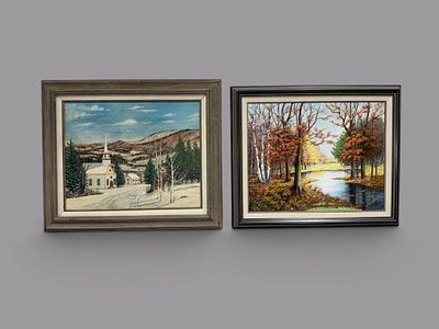 Ella R. Miller Landscape Paintings. Two framed landscape paintings, one depicting a snow-covered 