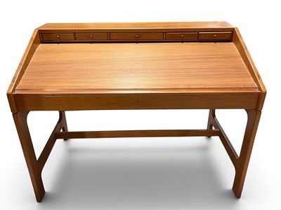 John Mortensen Danish Modern Executive Desk. Mid-century Scandinavian Modern teak roll-top 