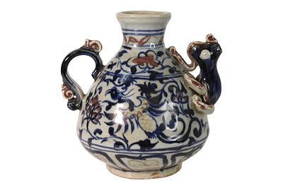 Chinese Blue & White Dragon-Form Ewer Vase. Chinese glazed ceramic ewer-form vessel with a 