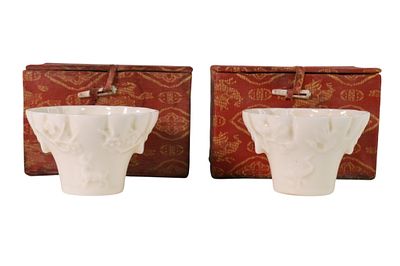 Chinese Blanc-de-Chine Style Porcelain Cups. Pair of Chinese white-glazed porcelain libation 