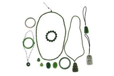 Chinese Jade and Green Hardstone Jewelry. Assorted collection of Chinese jade and green 