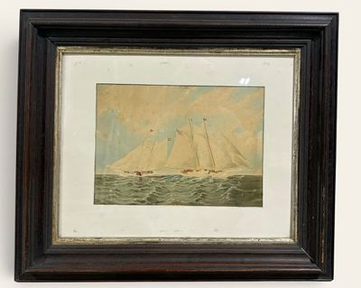 Framed Nautical Watercolor Painting. Watercolor painting featuring two sailing vessels on open 