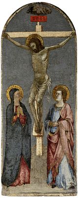 Tafelbild mit Kreuzigung Christi, Italien, wohl Siena, E. 15. Jh. Tafelbild mit Kreuzigung