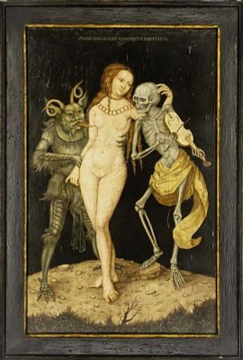 Tafelbild mit Jungfrau, Tod und Teufel, 20. Jh. Tafelbild mit Jungfrau, Tod und Teufel 20. Jh.