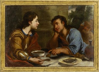 Ferrari, Giovanni Andrea De (Attrib.): Zwei junge Männer im Gespräch beim Essen. Ferrari