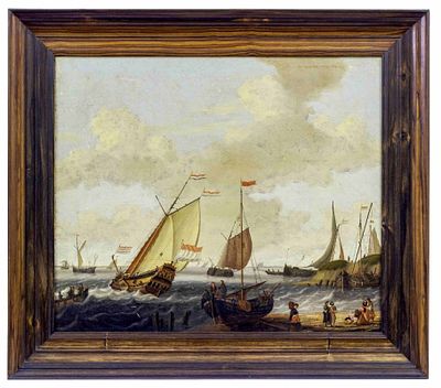 Bakhuyzen, Ludolf - Umkreis 17. Jh., Küstenbucht mit einlaufenden und ankernden Segelschiffen. Ba