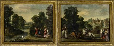 Paar Allegorien, Landschaftsmaler aus dem Umkreis des Paul Bril, um 1700. Paar Allegorien