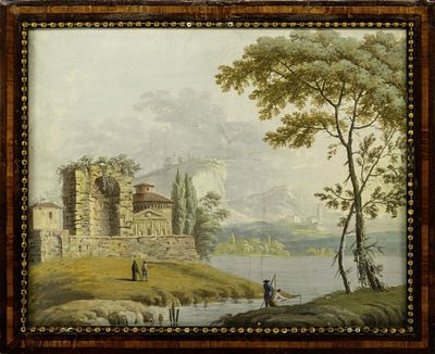 Bison, Giuseppe Bernardino (Attrib.): Capriccio mit einer Flusslandschaft. Bison, Giuseppe