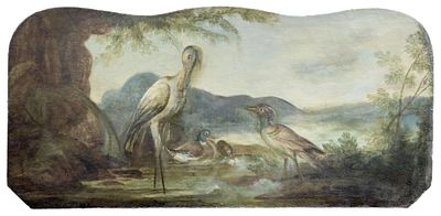 Supraporte mit Wasservögeln an einem Seeufer, Süddeutschland, 18. Jh. Supraporte mit