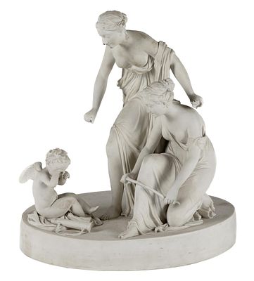 Seltene Figurengruppe mit Entwaffnung des Amor, Porzellanfabrik Ernst Wahliss, A. 20. Jh. Selten