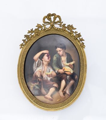 Kleines Porzellanbild "Trauben- und Melonenesser", Um 1900. Kleines Porzellanbild "Trauben- und 