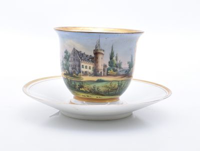 Ansichtentasse Schloss Rosenau bei Coburg, KPM Berlin, 1849-70. Ansichtentasse Schloss Rosenau 