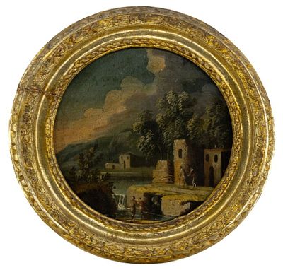 Tondo mit Landschaft, R&ouml;mische Schule des 18. Jh. Tondo mit Landschaft R&ouml;mische Schule des 18. 