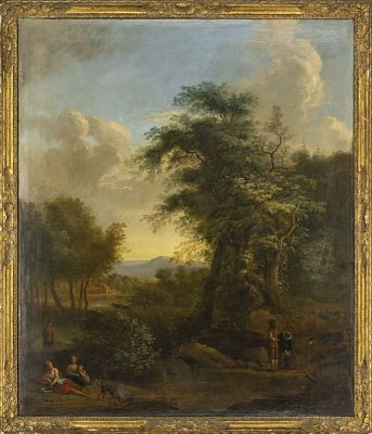 Idyllische Landschaft mit Figuren, Niederl&auml;ndischer Meister des 18. Jh. Idyllische Landschaft 