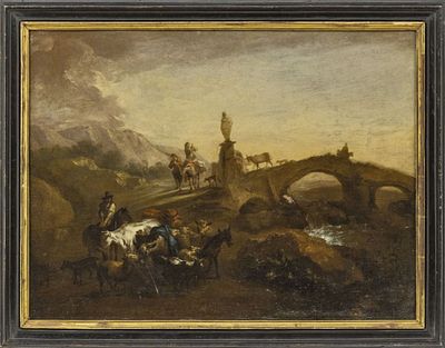 Berchem, Nicolaes - Kreis des: Italienische Landschaft mit Br&uuml;cke. Berchem, Nicolaes - Kreis des 
