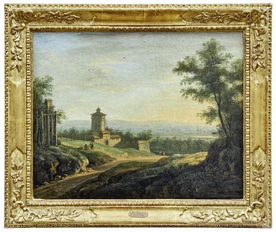 Blick vom Waldrand auf eine sanft h&uuml;gelige Landschaft, Maler der Familie Bemmel, 2. H. 18. Jh. B 
