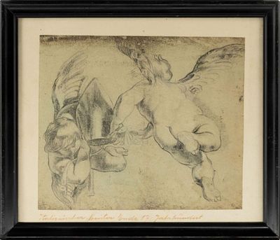 Studie zu zwei fliegenden Engeln mit Bischofshut, Italienischer Meister, um 1700. Studie zu zwei 