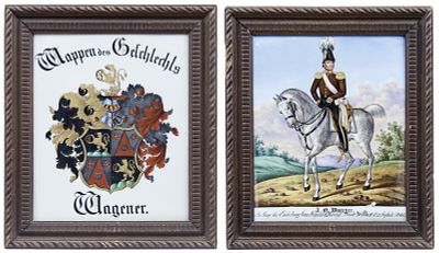 Zwei Bildplatten mit Offiziersdarstellung und Wappen, KPM Berlin, um 1840. Zwei Bildplatten mit 