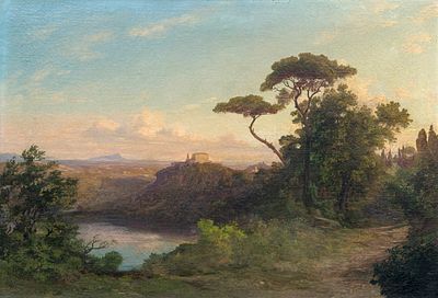 Unbekannter Deutschrömer, Blick über den Lago di Nemi zum Monte Circeo. Wohl 2nd quarter 19th cent.