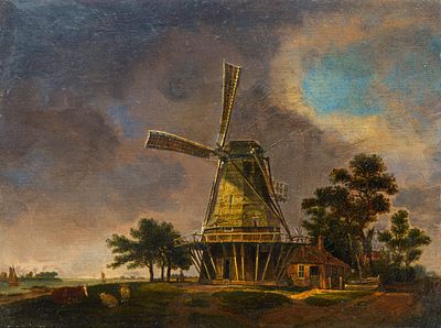 Niederländische Schule (?), Abendlandschaft mit Windmühle. Wohl um 1900. Unsigniert. Bildträger 