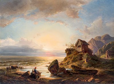 Düsseldorfer Schule, Nisser flicken die Netze (?). 2nd half 19th cent. Oil on canvas. 