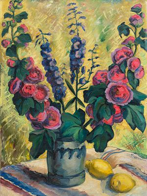 Cläre Biermann - Cläre Biermann, Stillleben mit Zitronen, Stockrosen und Rittersporn. 2nd quarter 