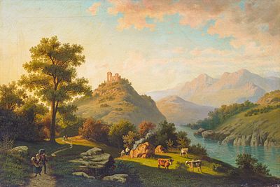 A. von Taiery - A. von Taiery (?), Abendliche Gebirgslandschaft mit Flusslauf und Bauern. 1862. A. 