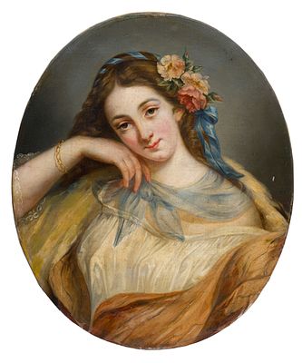 Franz&ouml;sische Schule, Bildnis einer jungen Dame. Mid 19th cent. Oil on canvas, oval. Unsigniert. 