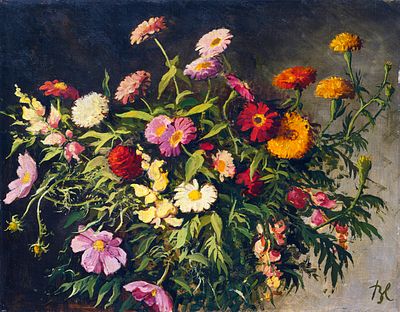 G&uuml;nther Blechschmidt - G&uuml;nther Blechschmidt, Blumenst&uuml;ck mit Zinnien und Zistrosen. Wohl 1920er/ 