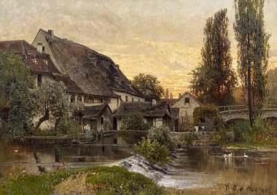 Karl Buchholz - Karl Buchholz, Weimar – Blick &uuml;ber das Ilmwehr zur Burgm&uuml;hle. Fr&uuml;he 1870''s. Karl 
