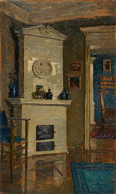 Max A. P. Frey - Max A. P. Frey "Wohnzimmer" (Gr&uuml;ner Salon mit Meissner Kachelofen). Wohl 1910er/ 