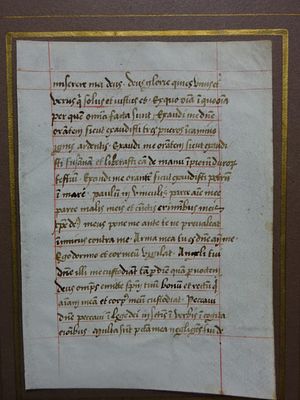 Framed parchment sheet. Parchment sheet. Seventeen handwritten Latin lines in brown ink. Circa 
