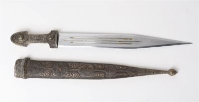 Caucasian Nielloed Silver Kindjal Dagger, Early 20th C. Caucasian Nielloed silver Kindjal 