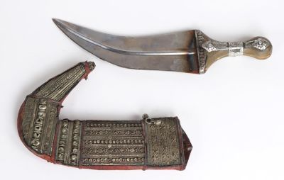 Silver & Metal Mounted Jambiya Dagger w/Scabbard, 19th/20th c. Silver and white metal mounted 