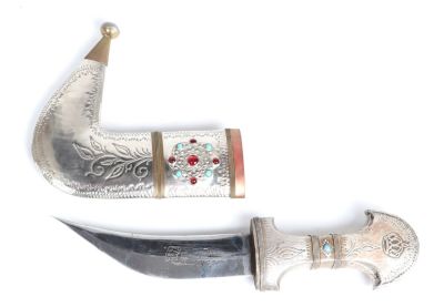Polished Bedouin Silvered & Inset Jambiya. Polished Bedouin silvered and inset jambiya, etching 