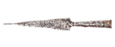 Hand Forged Iron Spear, 16th-18th c. European hand forged iron spear head with a triangular 