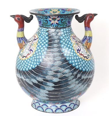 Massive Cloisonne Enamel Double Phoenix Vase. Massive Chinese cloisonne enamel "Opposing 
