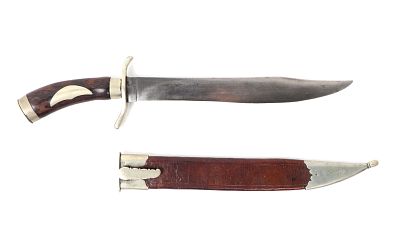 Bowie Hunting Knife with Scabbard. Nice silver mounted or nickel plated bowie hunting knife. 