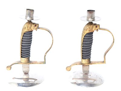 Pair of German Trench Art Lion Head Sword Candlesticks. Nice set of early WWII trench art 