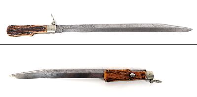 Unique German Hunting Knife, circa Late 1800s. Massive long German folding knife of unusual form 