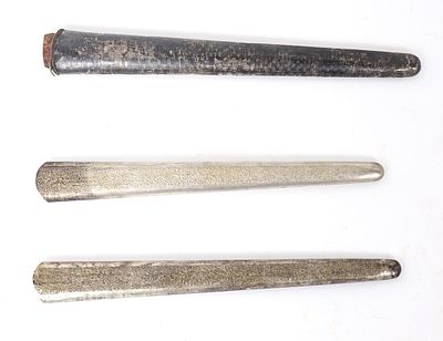 Three Indonesian Kris Dagger Chapes. Nice set of three old Kris dagger Chapes with engraved 