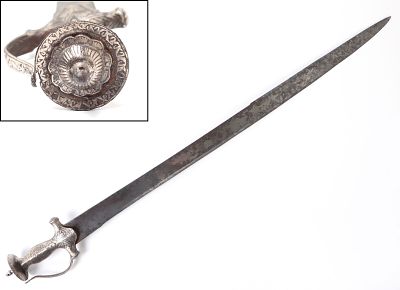 Indian Firangi or Dhup Tulwar Sword. Indian sword with a straight single edge blade, double 