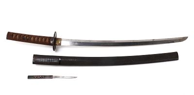 Signed Japanese Wakizashi Sword, Scabbard, Knife. Japanese Wakizashi sword with scabbard and 