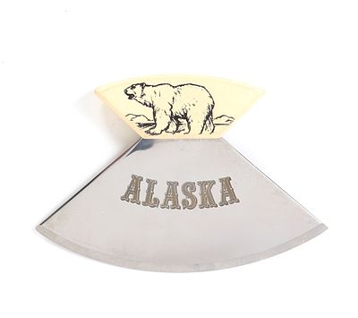 Alaskan Ulu Knife. Alaskan Ulu knife with handle decorated with a line drawing of a polar bear. 