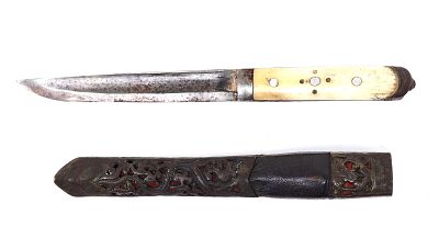 Antique Tibetan Knife & Sheath. Early Tibetan knife with a single edge blade and wide shallow 