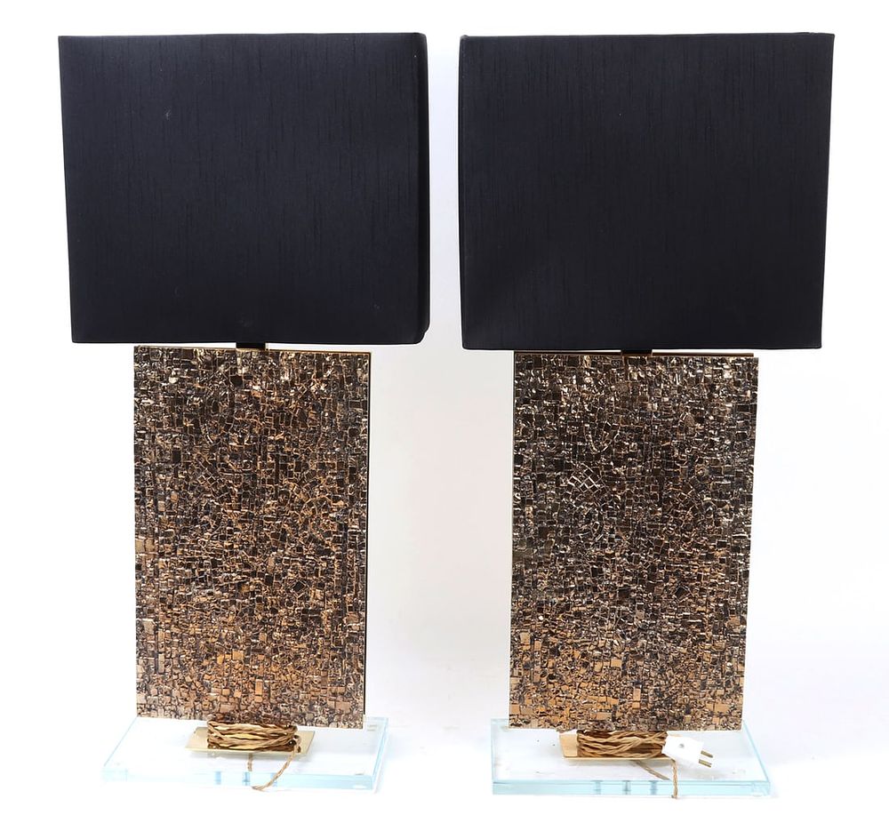 Gorgeous Pair of Bronze Table Lamps. Heavy bronze sculptural table lamps with black rectangular 