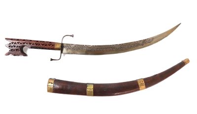 Moroccan Dagger & Scabbard. Antique or vintage Moroccan dagger with intricately carved wood 