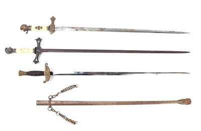 Lot of Three Masonic Sword. Three masonic sword with one retaining a scabbard. Each with wear or 